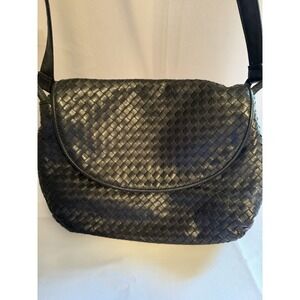 Ganson Black Leather Woven Shoulder Pillow Bag Purse Handbag 3 Compartments